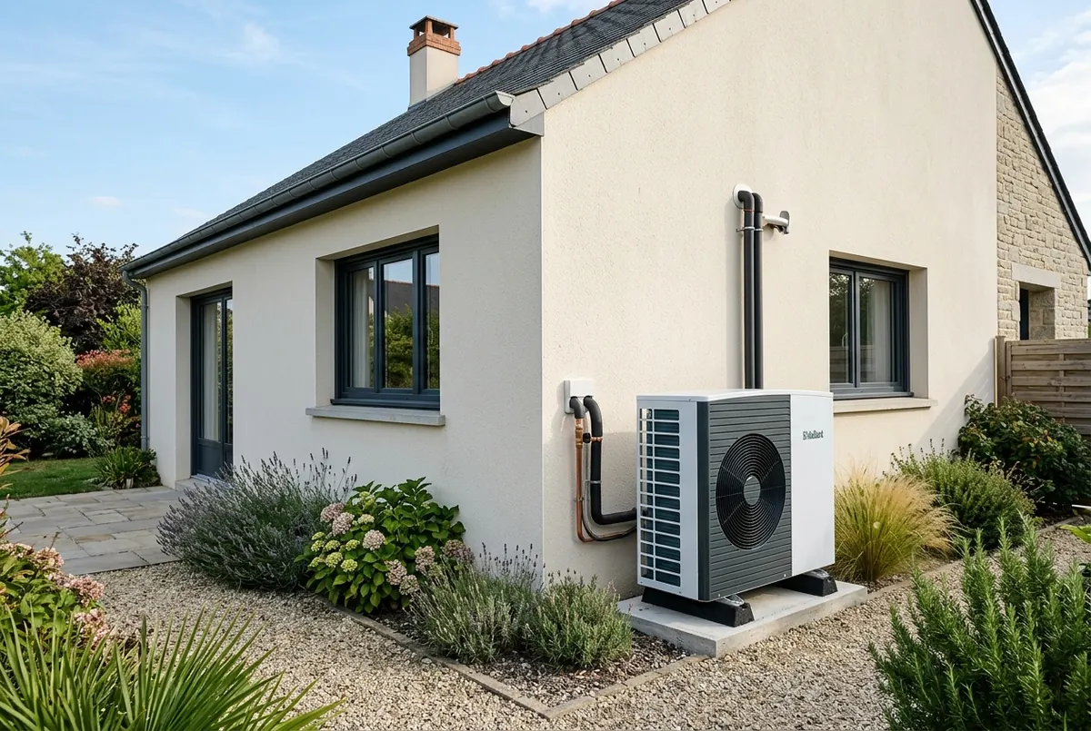 Pompe à chaleur air/eau installée contre le mur d'une maison française moderne.