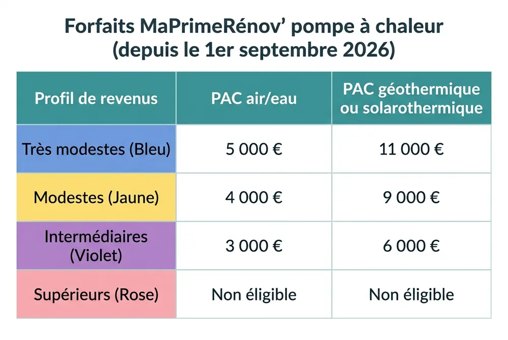 Tableau des forfaits MaPrimeRénov' pompe à chaleur 2026 par profil de revenus : 5 000 €, 4 000 €, 3 000 €.