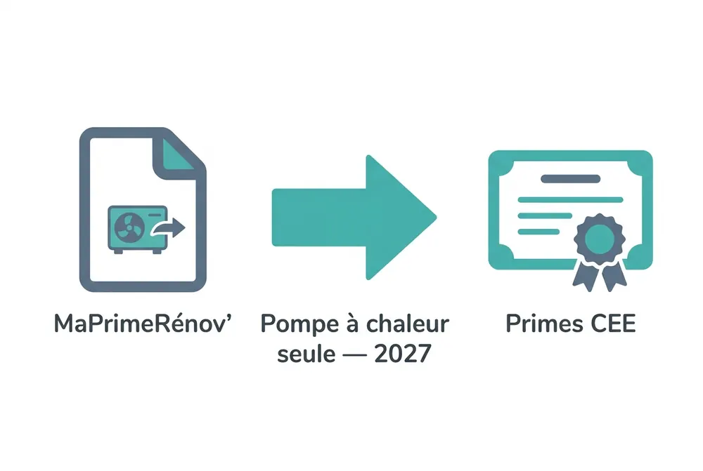 Illustration du transfert du financement de la pompe à chaleur seule de MaPrimeRénov' vers les primes CEE en 2027.