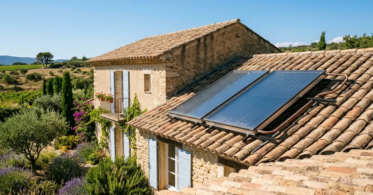 Capteurs solaires thermiques vitrés installés sur le toit en tuiles d'une maison provençale (système solaire combiné chauffage + eau chaude, fiche CEE BAR-TH-168)