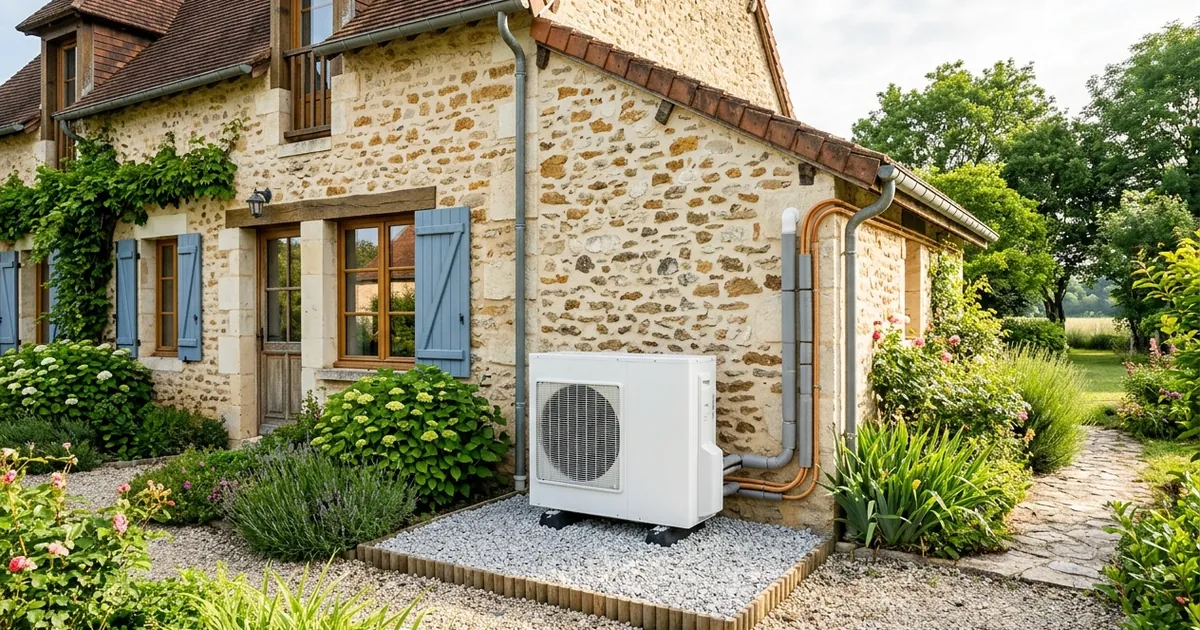 Unité extérieure d'une pompe à chaleur air/eau installée devant une maison individuelle en pierre (fiche CEE BAR-TH-171)
